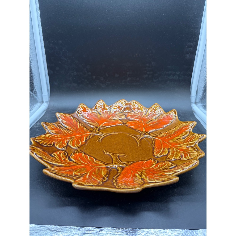 Vintage California USA Pottery Leaf Platter Brown Orange Drip Glaze 373-372 12in
